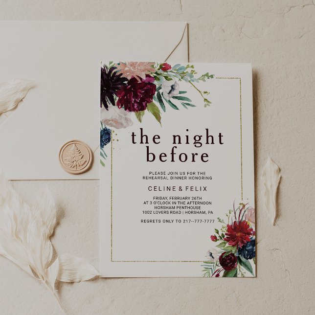 Modern Burgundy Navy Blush Floral The Night Before Invitation (Creator Uploaded)