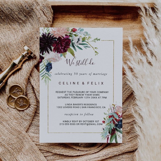 Modern Burgundy Navy Blush Floral Vow Renewal Invitation (Creator Uploaded)