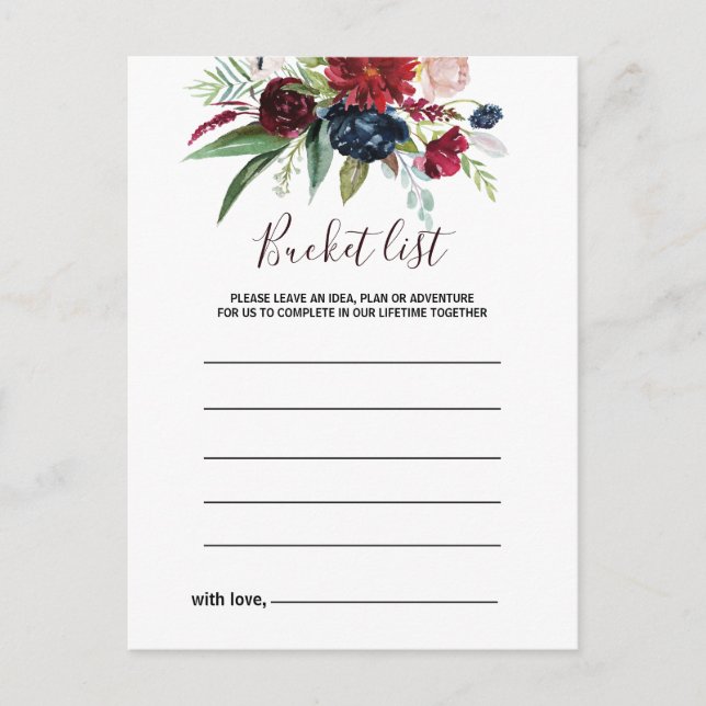 Modern Burgundy Navy Floral Bucket List Cards (Front)