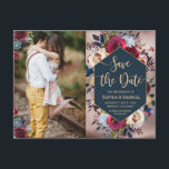 Modern Burgundy Navy Floral Photo Save the Date Announcement Postcard<br><div class="desc">Modern, Elegant, Burgundy Marsala Red Navy Watercolor Floral Save the Date Photo postcard. Chich burgundy, marsala, navy painted watercolor roses, botanical blush floral arrangement wedding design with geometric navy frame on faux antique old rose gold foil background. Feature an elegant handwritten typography design with text „Save the Date” and one...</div>