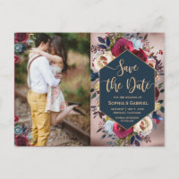 Modern Burgundy Navy Floral Photo Save the Date