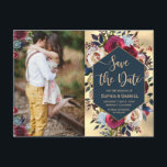 Modern Burgundy Navy Floral Photo Save the Date Announcement Postcard<br><div class="desc">Modern, Elegant, Burgundy Marsala Red Navy Watercolor Floral Save the Date Photo postcard. Chich burgundy, marsala, navy painted watercolor roses, botanical blush floral arrangement wedding design with geometric navy frame on shiny gold foil background. Feature an elegant handwritten typography design with text „Save the Date” and one vertical photo you...</div>