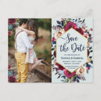 Modern Burgundy Navy Floral Photo Save the Date