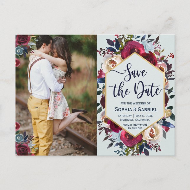 Modern Burgundy Navy Floral Photo Save the Date Announcement Postcard (Front)
