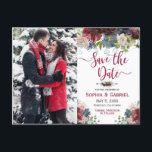 Modern Burgundy Navy Floral Save the Date Photo Announcement Postcard<br><div class="desc">Modern, Elegant, Burgundy or Bordo, Marsala and Navy Watercolor Floral Wedding Save the Date Photo Postcard. Chich burgundy, pink, marsala, navy painted watercolor roses, asters, botanical blush floral arrangement wedding design with green botanical foliage and eucalyptus leaves on white background. Feature an elegant handwritten typography design with text „Save the...</div>