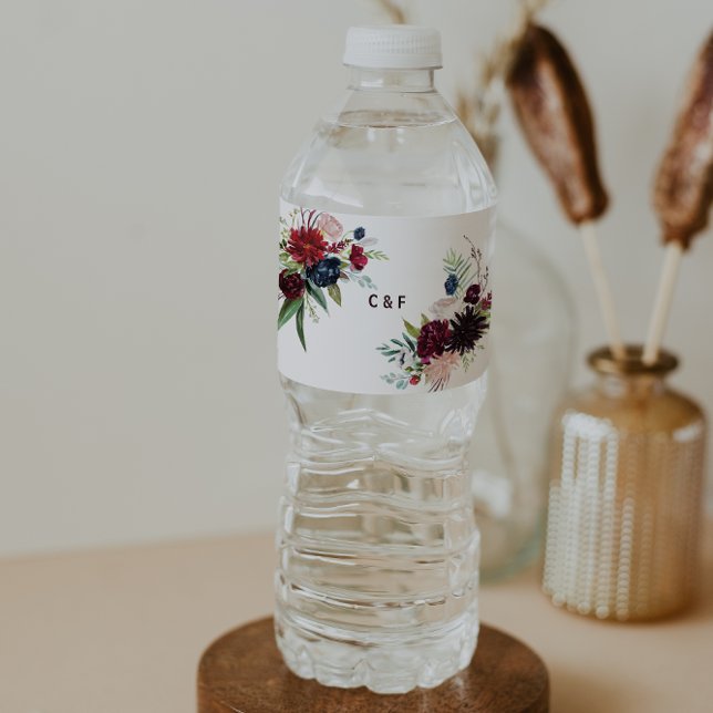 Modern Burgundy Navy Floral Water Bottle Label (Creator Uploaded)