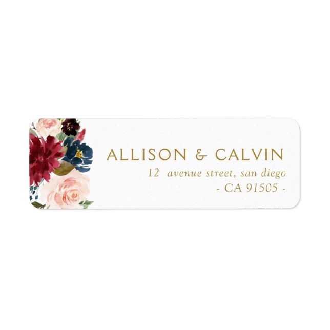 Modern burgundy navy floral wedding address label (Front)