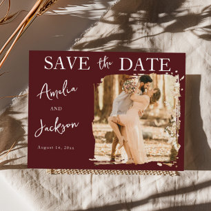 Modern Burgundy One Photo Save the Date Wedding Announcement Postcard