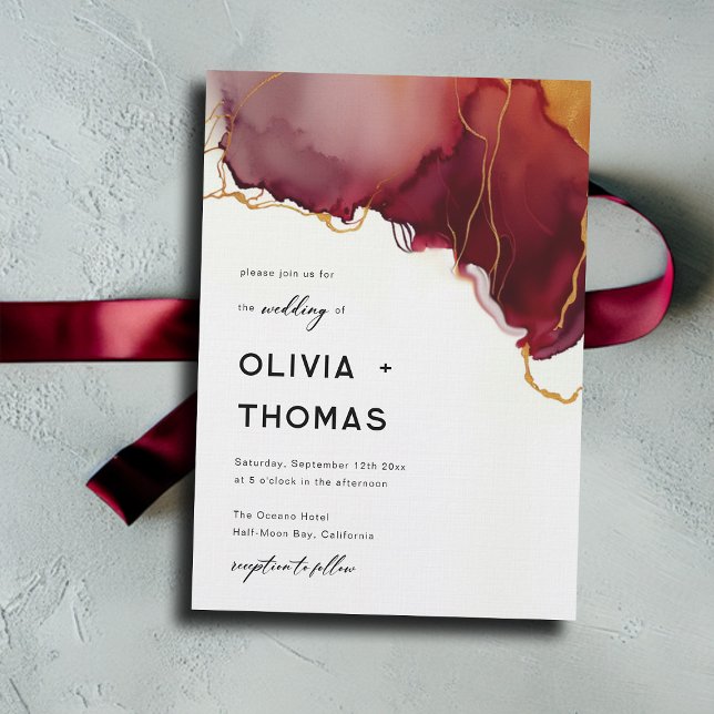 Modern Burgundy Orange Gold Elegant Fall Wedding Invitation (burgundy orange fall wedding invitation modern minimalist elegant bohemian romantic beach waves)