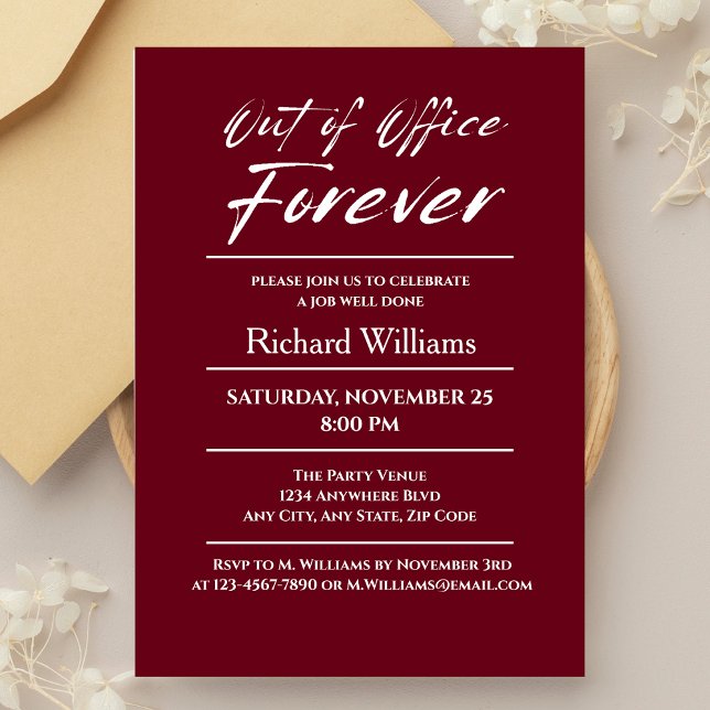 Modern Burgundy Out of Office Retirement Party Invitation (Creator Uploaded)