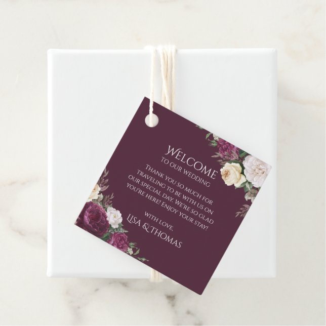 Modern Burgundy Peonies Wedding Welcome Gift Tag (In Situ)