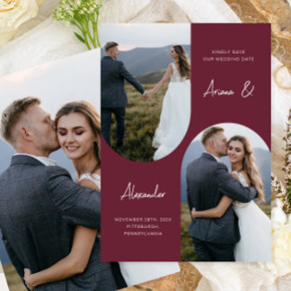 Modern Burgundy Photo Arch Wedding Save The Date