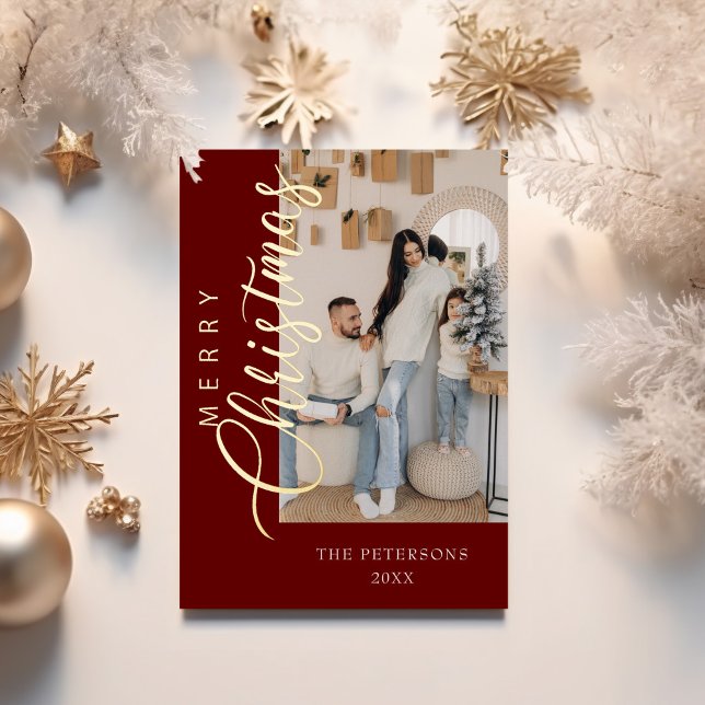 Modern Burgundy Photo Christmas Greeting Gold (Modern Burgundy Photo Christmas Greeting Gold Foil Holiday Card with golden Christmas decoration.)