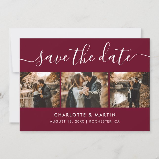 Modern Burgundy Photo Collage Save The Date (Front)