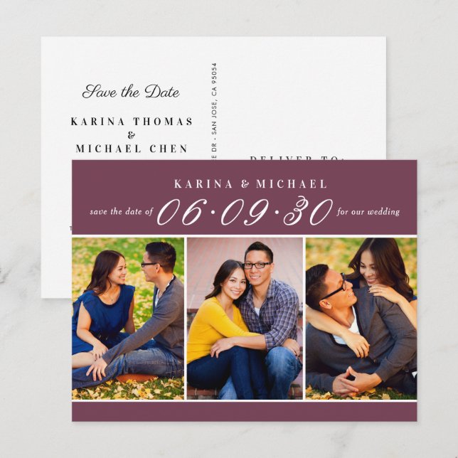 Modern Burgundy Photo Collage Save the Date Announcement Postcard (Front/Back)