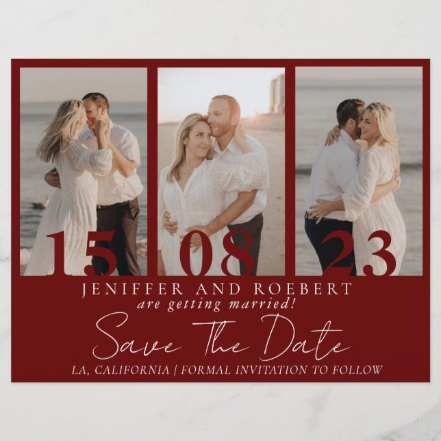 Modern Burgundy Photo Collage Save the Date Card   (Front)