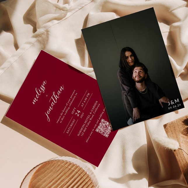 Modern Burgundy Photo Monogram QR code Wedding Invitation (Creator Uploaded)
