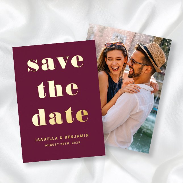 Modern Burgundy Photo Save The Date Gold (Modern Burgundy Photo Save The Date Gold Foil Invitation)