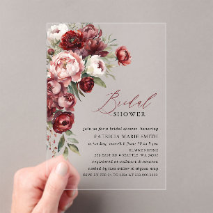 Modern Burgundy Pink Blush Floral Bridal Shower In Acrylic Invitations