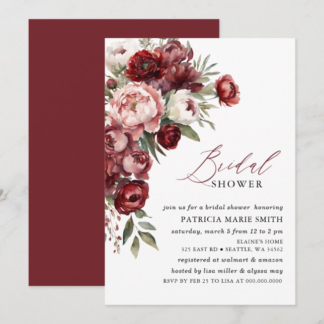 Modern Burgundy Pink Blush Floral Bridal Shower In Invitation (Front/Back)