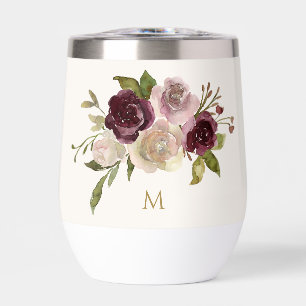 Modern Burgundy Pink Floral Watercolor Monogram