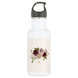 Modern Burgundy Pink Floral Watercolor Monogram 532 Ml Water Bottle
