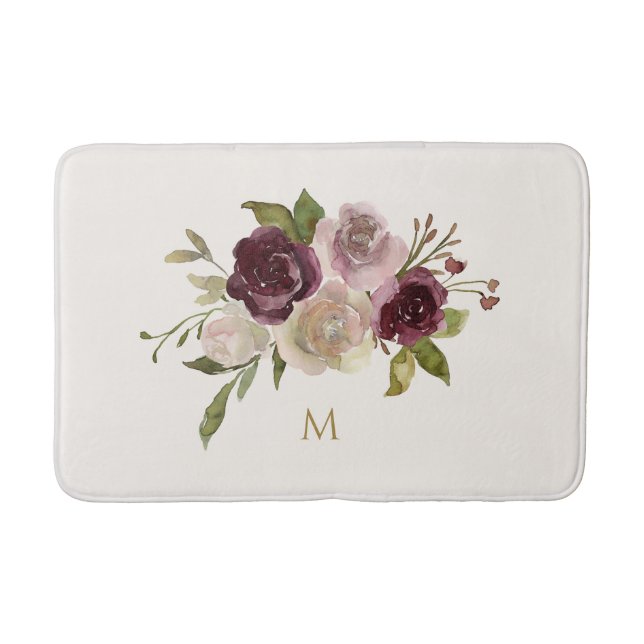 Modern Burgundy Pink Floral Watercolor Monogram Bath Mat (Front)