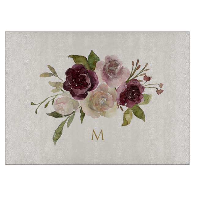 Modern Burgundy Pink Floral Watercolor Monogram Cutting Board (Front)