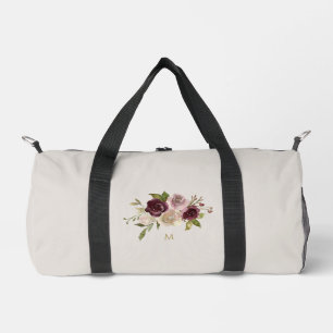 Modern Burgundy Pink Floral Watercolor Monogram Duffle Bag
