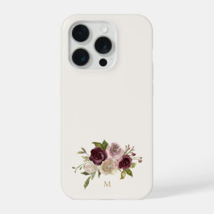 Modern Burgundy Pink Floral Watercolor Monogram iPhone 15 Pro Case