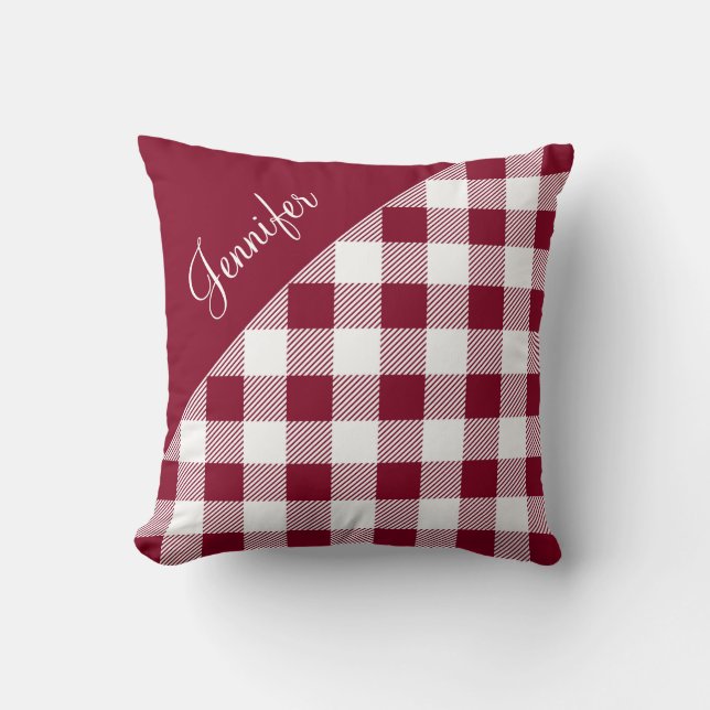 Modern Burgundy Plaid Gingham Pattern Name Cushion (Front)