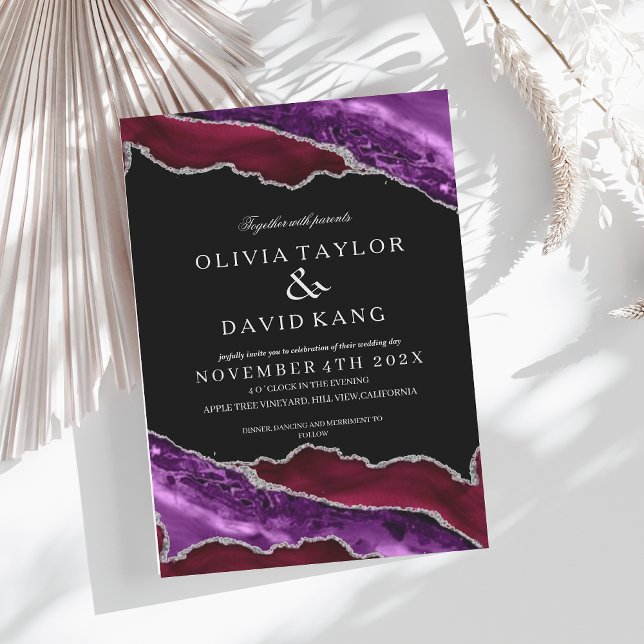  Modern Burgundy & Purple Black Agate Wedding Invitation (Creator Uploaded)