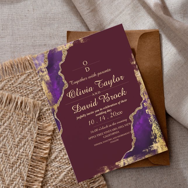 Modern Burgundy & Purple Gold  Wedding Invitation (Creator Uploaded)