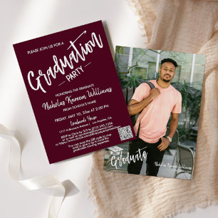 Modern Burgundy QR Code Photo Graduation Party Invitation