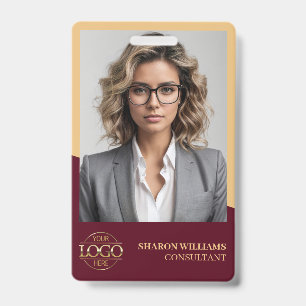 Modern Burgundy Red Employee Photo & Company Logo ID Badge