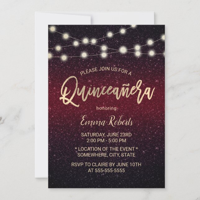Modern Burgundy Red Faux Glitter Quinceanera 15 Invitation (Front)