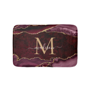 Modern Burgundy Red Gold Agate Geode Chic Monogram Bath Mat