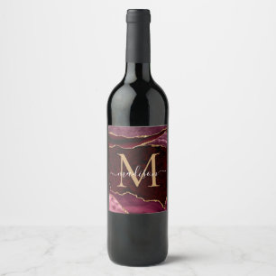 Modern Burgundy Red Gold Agate Geode Chic Monogram Wine Label