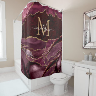 Modern Burgundy Red Gold Agate Geode Monogram Glam Shower Curtain
