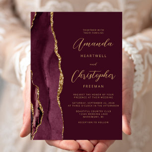 Modern Burgundy Red Gold Agate Script Wedding Invitation
