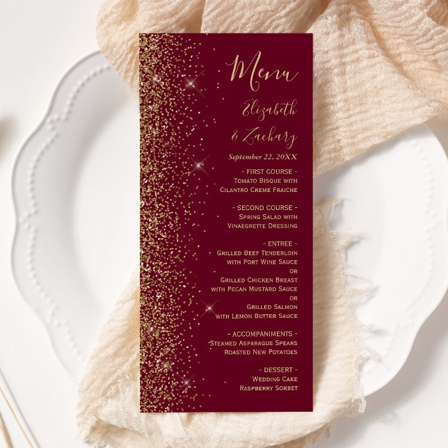 Modern Burgundy Red Gold Glitter Edge Wedding Menu (Creator Uploaded)