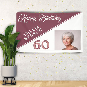 Modern Burgundy Red Happy 60th Birthday Photo  Banner