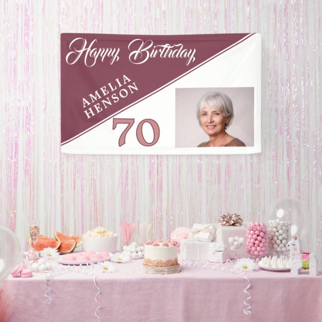 Modern Burgundy Red Happy 70th Birthday Photo  Banner (Party)