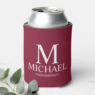 Modern Burgundy Red Personalised Groomsman Can Cooler