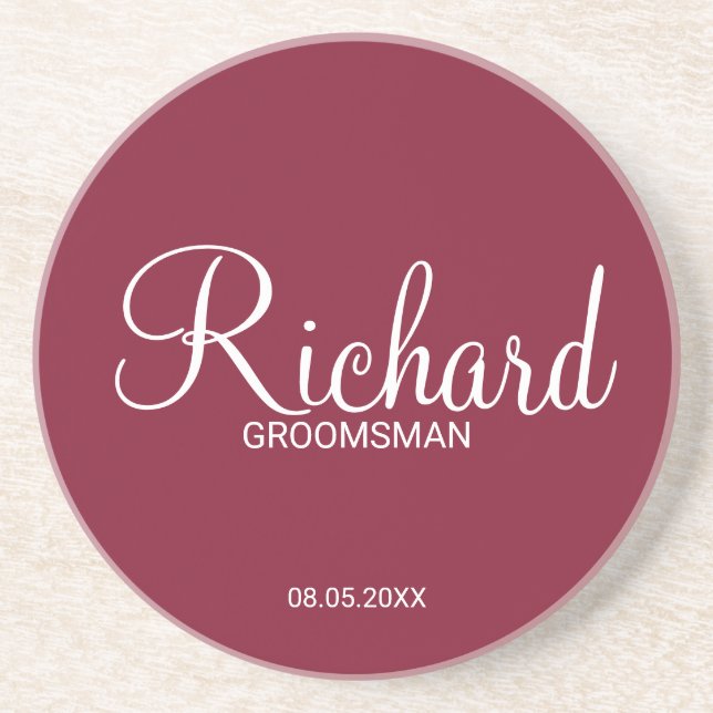 Modern Burgundy Red Personalised Groomsman Coaster (Front)