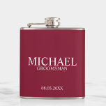 Modern Burgundy Red Personalised Groomsman Hip Flask<br><div class="desc">Modern Personalised Groomsman Gifts
featuring personalised groomsman's name,  title and wedding date in white classic serif font style on burgundy red background.

Also perfect for Best Man,  Father of the Bride and more.</div>