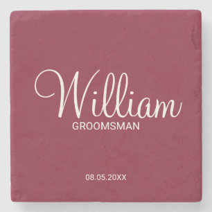 Modern Burgundy Red Personalised Groomsman Stone Coaster