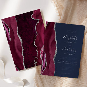 Modern Burgundy Red Silver Agate Navy Blue Wedding