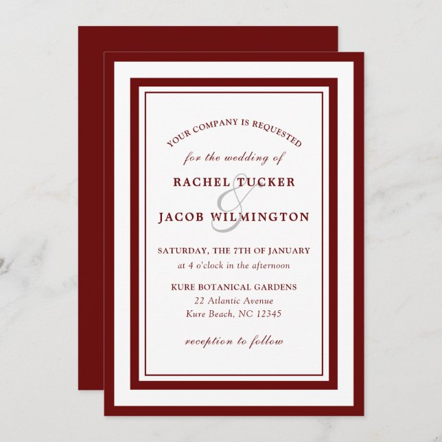 Modern Burgundy Red White Border Simple Wedding Invitation (Front/Back)
