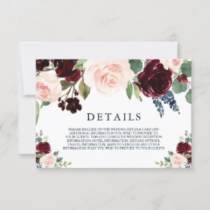Modern Burgundy Red Wine Navy Wedding Details Card